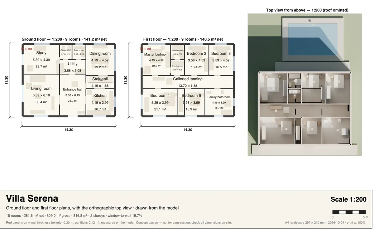 A sheet with two dimensioned floor plans and a top view of the villa
